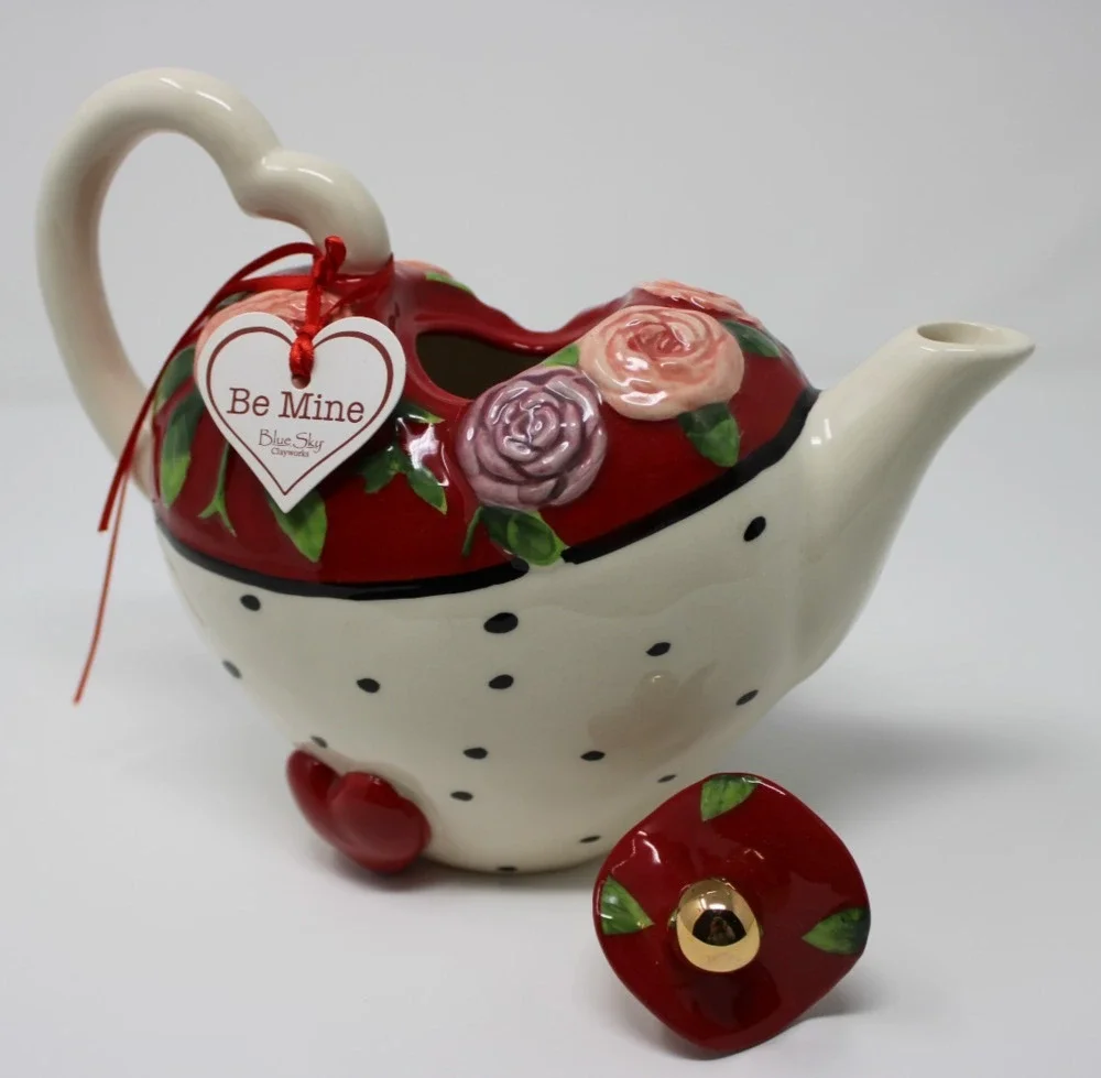 Blue Sky Clayworks “Be Mine” Heart Teapot – 2020, Floral, 9x6–7.5”, 2 lbs